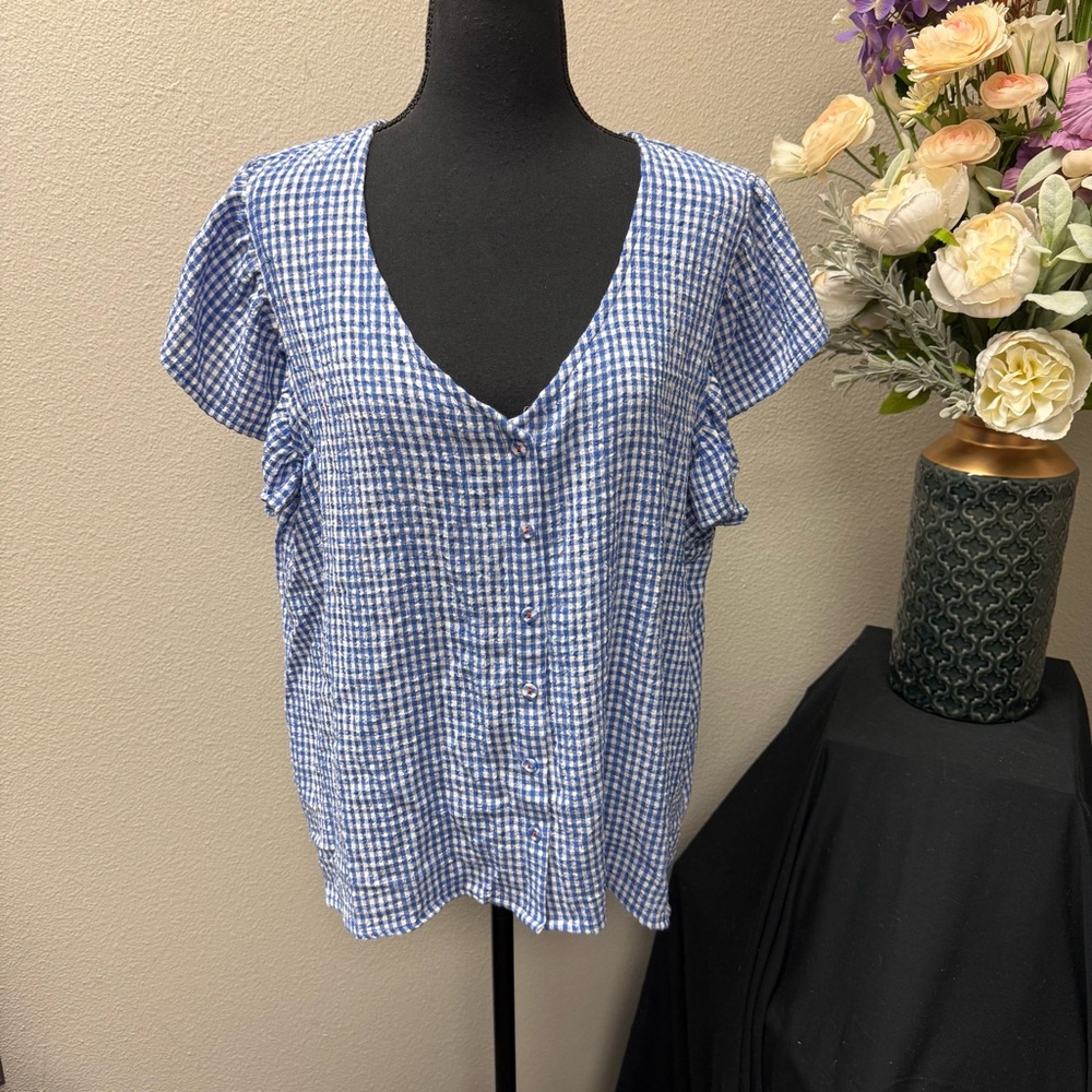 Jane + Delancey Blue Gingham Ruffle Sleeve Button Front V-Neck Top XL